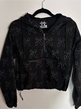 Black Hooded Bomber Jacket with Reflective X Print - Small